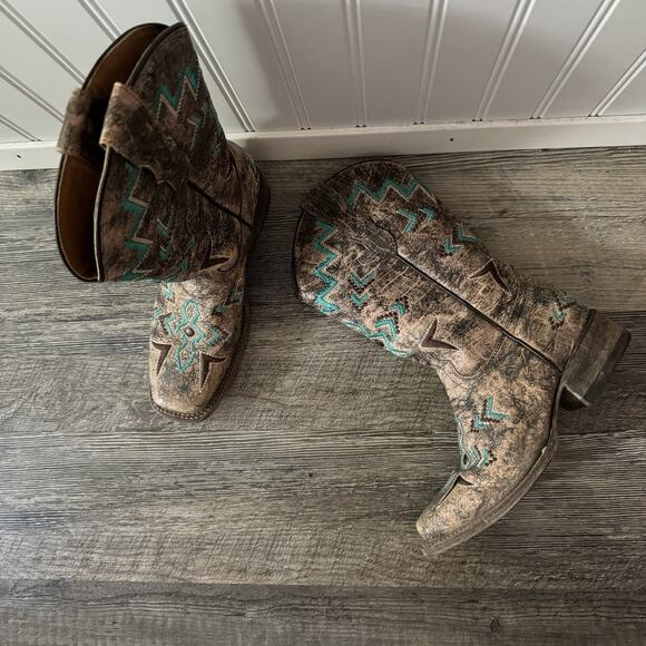 Corral Other - Corral Boots Vintage Aztec Bronze Turquoise Western Cowboy Boots E1052 Girls 3.5